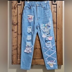 Look Trend Cartoon Patch Distressed Denim Jeans Size S